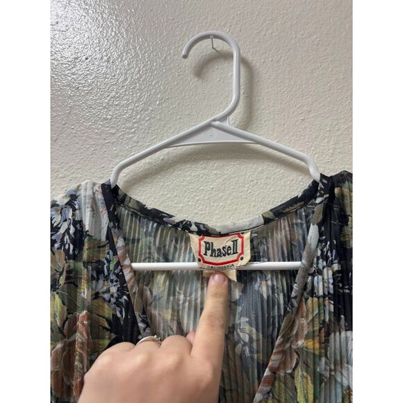 Vintage Phase II Dress Women's Size Small Gray Blue Floral Micro Pleat 70s Retro - Picture 5 of 5